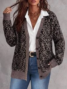 Elenzga Plus Size Vintage Leopard Print V-Neck Long Sleeve Loose Knit Cardigan Sweater - Multicolor - View 3