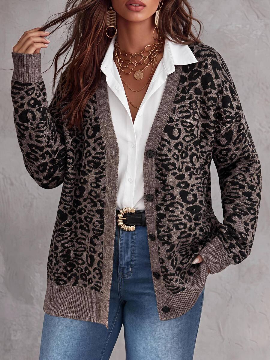 Elenzga Cardigan Rajut Longgar Lengan Panjang Leher V Motif Leopard Vintage Ukuran Plus - MultiWarna - View 1
