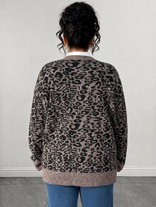 Elenzga Plus Size Vintage Leopard Print V-Neck Long Sleeve Loose Knit Cardigan Sweater - Multicolor - View 2