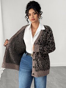 Elenzga Plus Size Vintage Leopard Print V-Neck Long Sleeve Loose Knit Cardigan Sweater - Multicolor - View 4