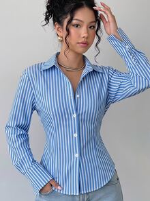 SHEIN 青少年女孩白色鈕扣長袖襯衫，修身版型圓弧下擺休閒上衣，優雅正式海灘風秋季上衣 - 藍色 - 查看 1