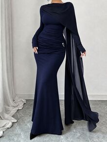 Elenzga 大尺碼優雅高端女款百褶魚尾裙 - 藏蓝色 - 查看 4