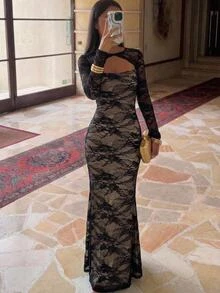 Aloruh Women's Cutout Design Long Sleeve Lace Fitted Elegant Dress Fall Clothes For Women Fall/Winter Dress Elegant Dress Birthday Dress Wedding Guest Dres - Black - View 1
