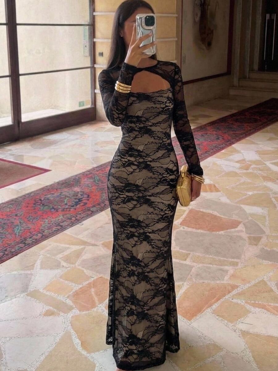 Aloruh Women's Cutout Design Long Sleeve Lace Fitted Elegant Dress Fall Clothes For Women Fall/Winter Dress Elegant Dress Birthday Dress Wedding Guest Dres - Black - View 1
