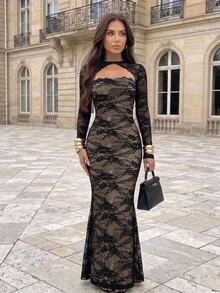 Aloruh Women's Cutout Design Long Sleeve Lace Fitted Elegant Dress Fall Clothes For Women Fall/Winter Dress Elegant Dress Birthday Dress Wedding Guest Dres - Black - View 4