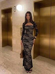 Aloruh Women's Cutout Design Long Sleeve Lace Fitted Elegant Dress Fall Clothes For Women Fall/Winter Dress Elegant Dress Birthday Dress Wedding Guest Dres - Black - View 3