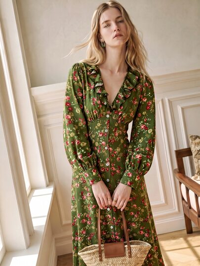 Écloséra Women's Spring/Autumn French Vintage V-Neck Button-Front Ruffle Collar Floral Print Long Sleeve Dress For Outings And Dates
