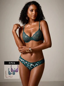 DreamPoppy 3pcs Women's Solid Color Lace Thin Cup Underwire Comfortable Bras - Multicolor - View 1
