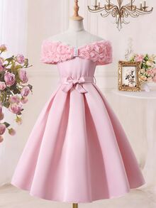 Tween Girl Soft Pink Cold Shoulder Homecoming Dress Girls Clothes 8 To 12 Years Wedding Outfit Flowergirl Party Summer Elegant - Pink - View 5