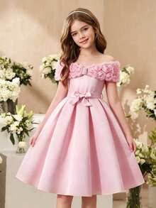 Tween Girl Soft Pink Cold Shoulder Homecoming Dress Girls Clothes 8 To 12 Years Wedding Outfit Flowergirl Party Summer Elegant - Pink - View 4