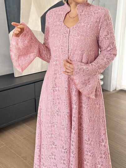 Graceveil Light Pink Lace Stand Collar Long Robe Dress, Flared Long Sleeve Middle Eastern Muslim Maxi Skirt