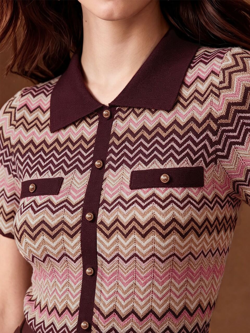 Anewsta Ladies Elegant Ribbed Chevron Pattern Short Sleeve Polo Knit Sweater Top