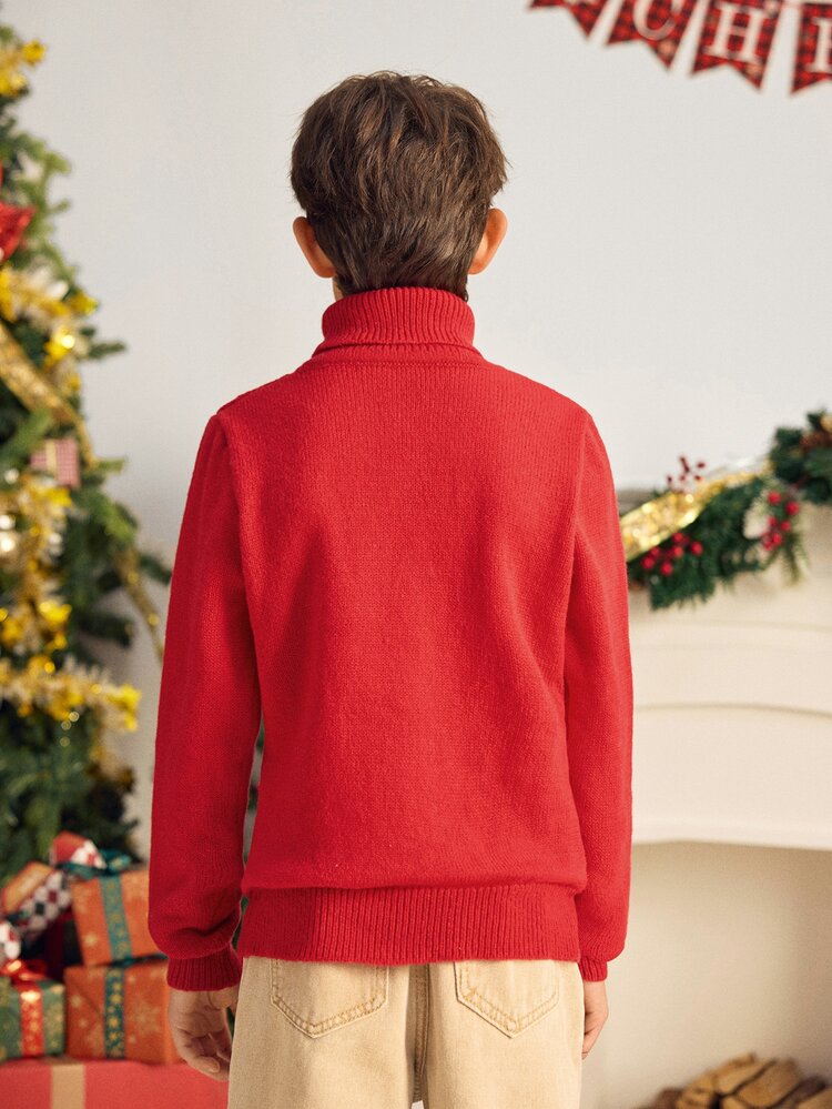 SHEIN Christmas Red Knit Sweater Kids Tween Boy Casual Versatile Comfortable High Neck Thick Knit Sweater, Suitable For Fall Autumn, School, Family Gathering, Vacation, Party, Fall Outfit, Winter Outfit, Boys Outfit Kids - Red - View 7
