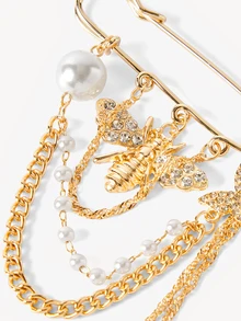 Opalesca 1pc Golden Bee & Butterfly Rhinestone Brooch With Multi-Layer Chain Tassel, Vintage Style Safety Pin, Suitable For Wearing - Gold - View 5