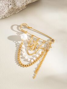 Opalesca 1pc Golden Bee & Butterfly Rhinestone Brooch With Multi-Layer Chain Tassel, Vintage Style Safety Pin, Suitable For Wearing - Gold - View 1