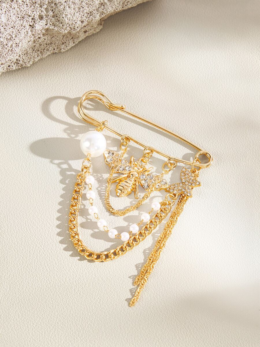 Opalesca 1pc Golden Bee & Butterfly Rhinestone Brooch With Multi-Layer Chain Tassel, Vintage Style Safety Pin, Suitable For Wearing - Gold - View 1