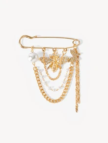 Opalesca 1pc Golden Bee & Butterfly Rhinestone Brooch With Multi-Layer Chain Tassel, Vintage Style Safety Pin, Suitable For Wearing - Gold - View 2
