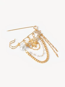 Opalesca 1pc Golden Bee & Butterfly Rhinestone Brooch With Multi-Layer Chain Tassel, Vintage Style Safety Pin, Suitable For Wearing - Gold - View 6
