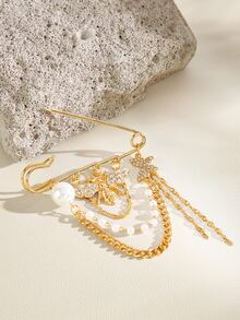 Opalesca 1pc Golden Bee & Butterfly Rhinestone Brooch With Multi-Layer Chain Tassel, Vintage Style Safety Pin, Suitable For Wearing - Gold - View 3