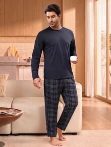 Manfinity Underwear&Sleepwear Basics Setelan Pakaian Santai Pria Terdiri dari Atasan Lengan Panjang Kerah Bulat Warna Polos dan Celana Panjang Kotak-kotak - Navy Blue - View 6