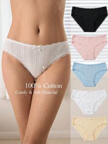 Ocili 5pcs/Pack Cotton Knit Jacquard Comfortable Women's Panties With Contrast Lace And Bow Decor - Multicolor - View 1