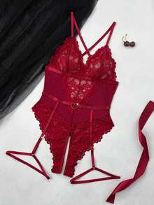 Seduluxe 2pcs Women Lace Patchwork Bodysuit (Strapless/Garter Belt) For Going Out - Burgundy - View 4