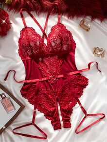 Seduluxe 2pcs Women Lace Patchwork Bodysuit (Strapless/Garter Belt) For Going Out - Burgundy - View 6