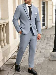 Manfinity Mode Men's Plus Size Solid Color Single Button Jacket And Pants Casual Suit Set - Dusty Blue - View 4