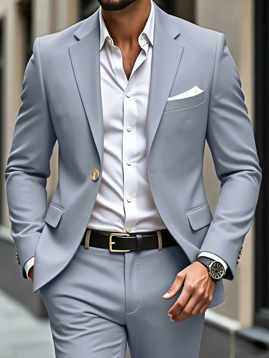 Manfinity Mode Men's Plus Size Solid Color Single Button Jacket And Pants Casual Suit Set - Dusty Blue - View 1