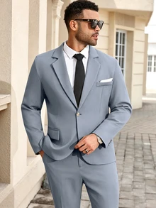 Manfinity Mode Men's Plus Size Solid Color Single Button Jacket And Pants Casual Suit Set - Dusty Blue - View 5