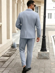 Manfinity Mode Men's Plus Size Solid Color Single Button Jacket And Pants Casual Suit Set - Dusty Blue - View 2