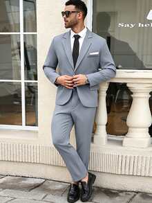 Manfinity Mode Men's Plus Size Solid Color Single Button Jacket And Pants Casual Suit Set - Dusty Blue - View 3