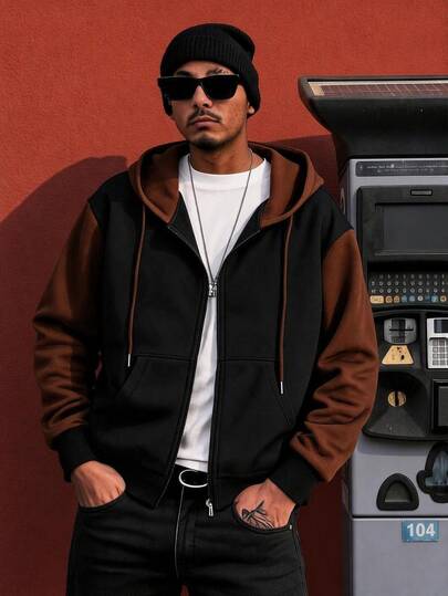 Neovey Men's Black Brown Color Block Zip Up Hoodie, Kangaroo Pocket Drawstring Hooded Jacket, Casual Streetwear Sporty Outerwear