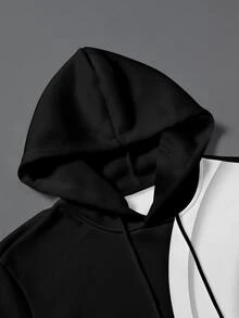 Manfinity Homme 男士抽象幾何印花連帽衛衣與慢跑褲套裝，抽繩運動休閒服，適合休閒街頭穿搭、日常穿著、旅行與居家放鬆 - 黑色 - 查看 3