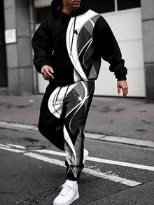 Manfinity Homme 男士抽象幾何印花連帽衛衣與慢跑褲套裝，抽繩運動休閒服，適合休閒街頭穿搭、日常穿著、旅行與居家放鬆 - 黑色 - 查看 1