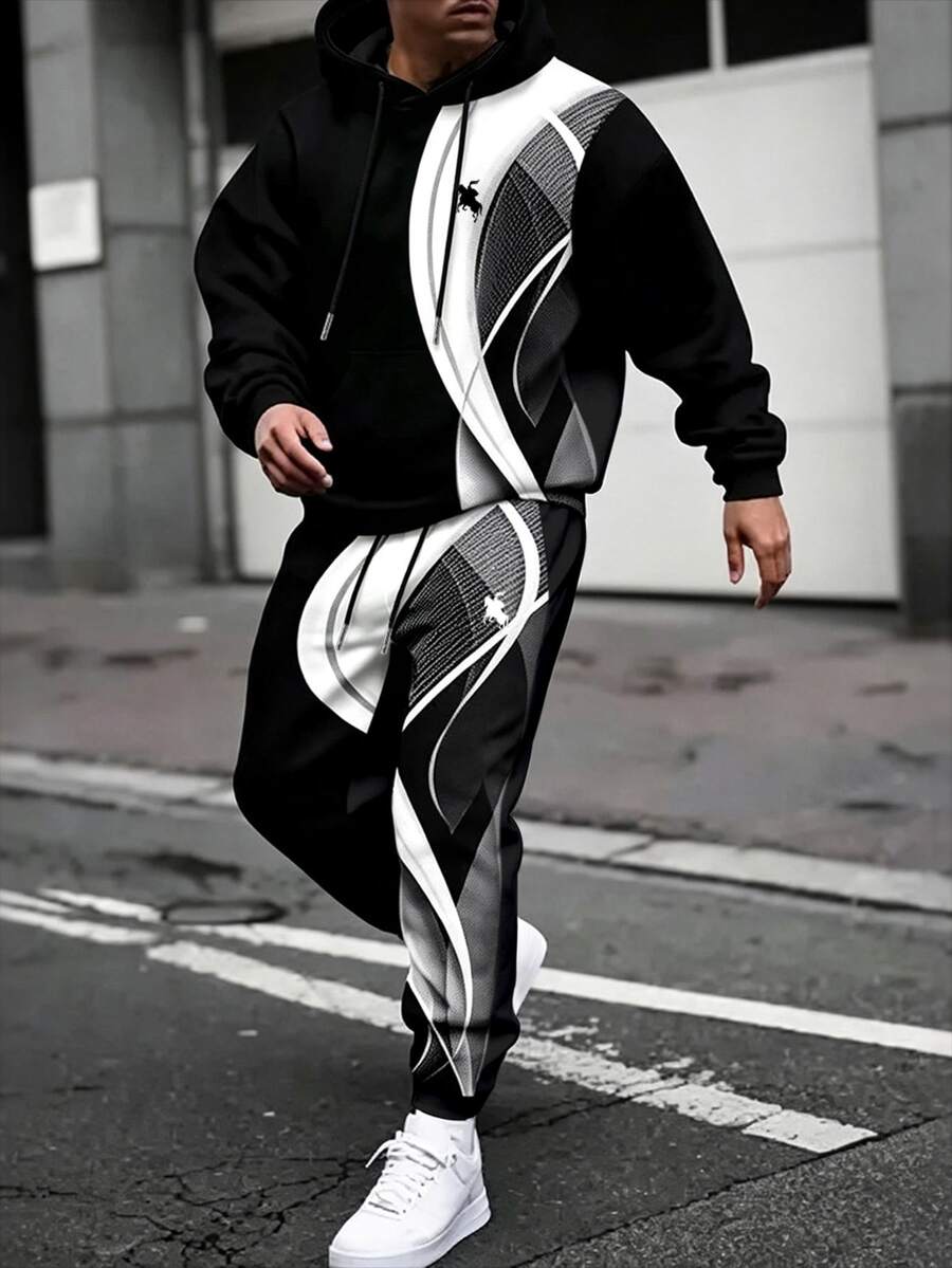 Manfinity Homme 男士抽象幾何印花連帽衛衣與慢跑褲套裝,抽繩運動休閒服,適合休閒街頭穿搭、日常穿著、旅行與居家放鬆 - 黑色 - 查看 1