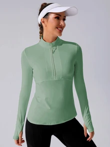 SHEIN Sovereign Charm 女士春夏纯色拉链半襟长袖休闲运动运动衫秋季运动衫 - 綠色 - 查看 7