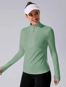 SHEIN Sovereign Charm 女士春夏纯色拉链半襟长袖休闲运动运动衫秋季运动衫 - 綠色 - 查看 5