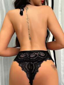 Spicy Aura One-Piece Lady's Lace Bodysuit With Halter Neck & Sleeveless Design And Strategic Cut-Out Details &Charming Underwear - Black - View 2