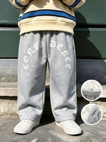 SHEIN 兒童男童 1 件裝休閒寬鬆百褶運動長褲，時尚舒適加厚，適合學校、大學、開學首日、兒童婚禮賓客穿著 - 淺灰色 - 查看 3