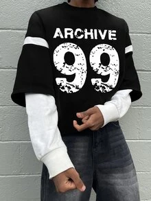 Neovey Men's Letter Graphic Round Neck Long Sleeve Casual T-Shirt With 2 In 1 Design, Spring And Summer, Graphic Tee, Fall - Black and White - View 5