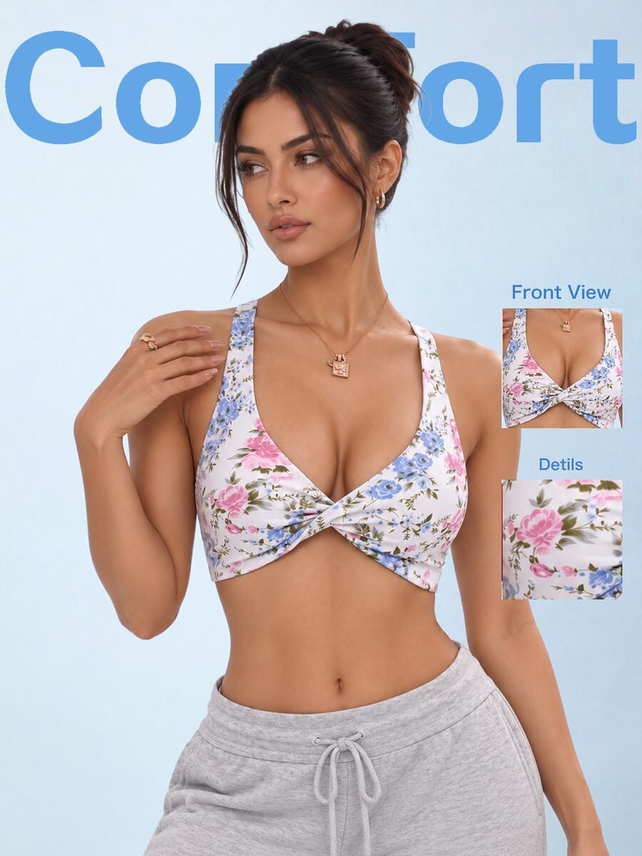SHEIN Sovereign Charm Women Floral Print Criss-Cross Back Sports Bra - Multicolor - View 1