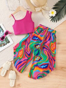 SHEIN Young Girls Sleeveless Ribbed Hollow Out Top And Wide Leg Pants 2Pcs Set, Summer, School, Campus, College Girls Outfit Sets - Multicolor - View 3