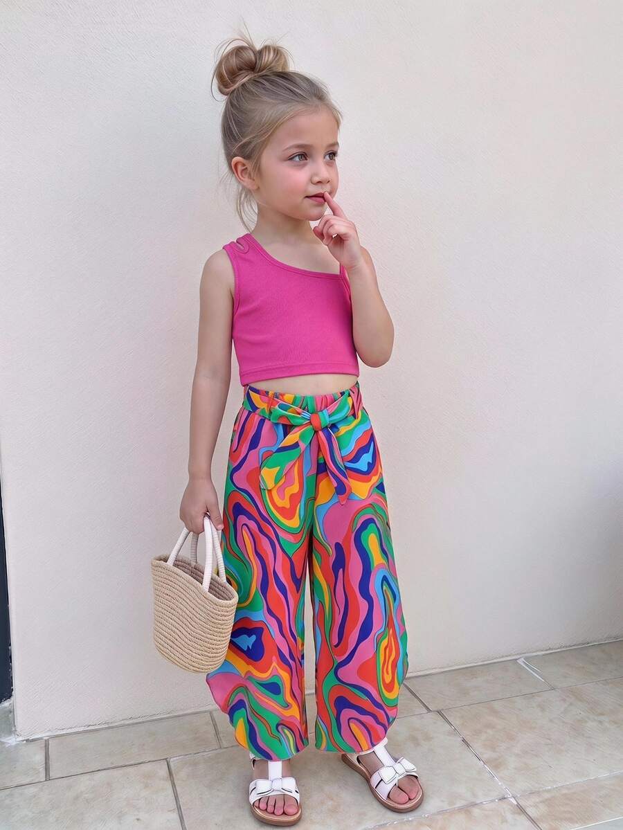 SHEIN Young Girls Sleeveless Ribbed Hollow Out Top And Wide Leg Pants 2Pcs Set, Summer, School, Campus, College Girls Outfit Sets