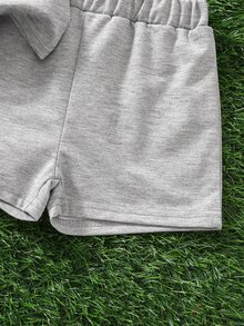 SHEIN Playful Pals 2pcs/Set Baby Girls Casual Modest Graphic Classic Cute Short Sleeve "Daddy's Girl" T-Shirt Shorts Set Suitable For Spring Summer Party Grey Light Grey - Grey - View 4