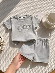 SHEIN Playful Pals 2pcs/Set Baby Girls Casual Modest Graphic Classic Cute Short Sleeve "Daddy's Girl" T-Shirt Shorts Set Suitable For Spring Summer Party Grey Light Grey - Grey - View 2