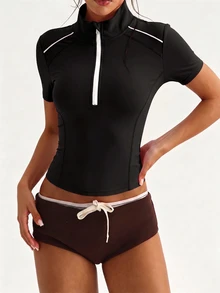 SHEIN Sovereign Charm Spring/Summer Women's Sports Sweatshirt, Black And White Striped Fitted Half-Zip Stand Collar Front Contrast Webbing Patchwork Slim Fit Split Line - Black - View 8