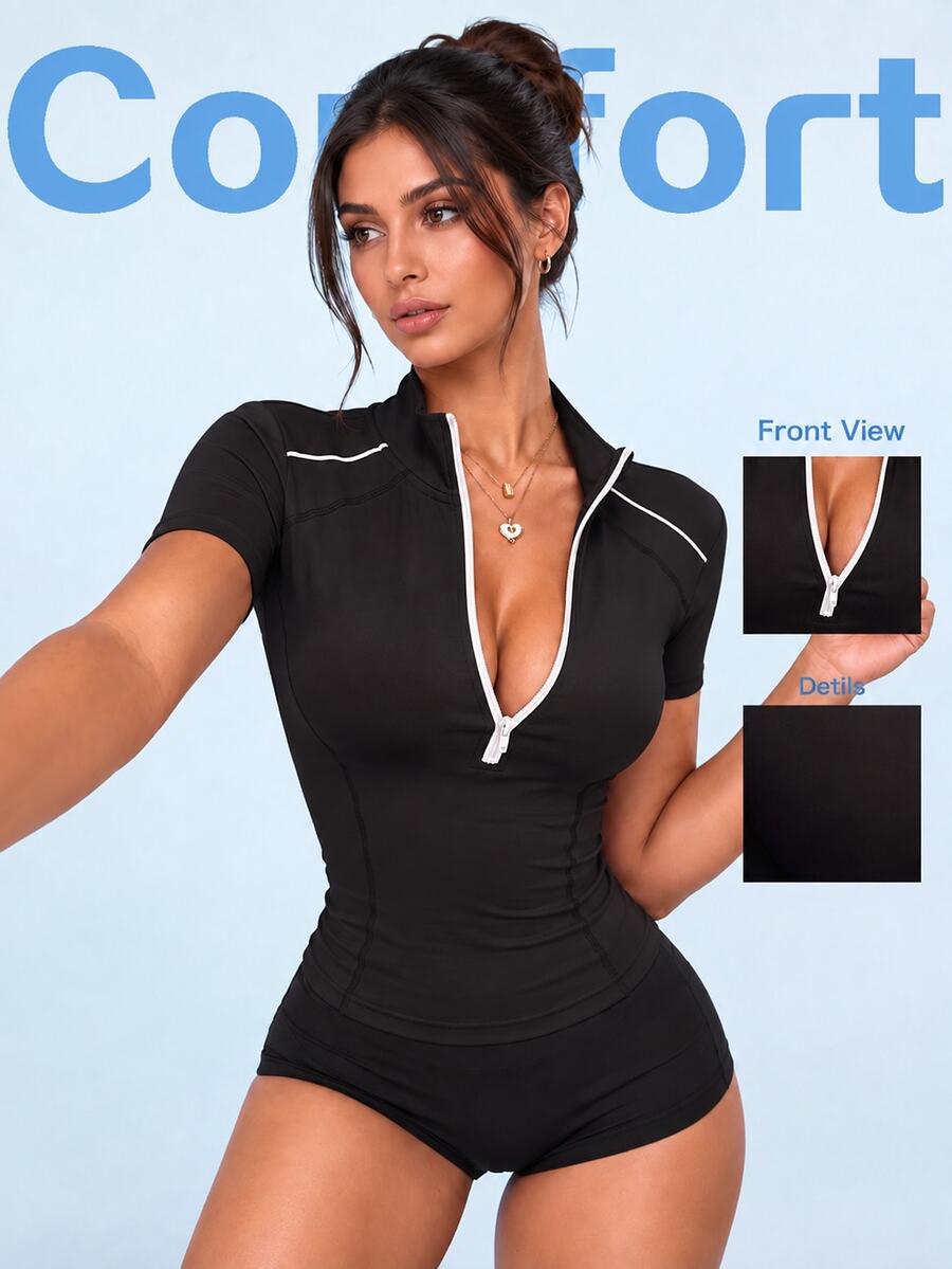 SHEIN Sovereign Charm Spring/Summer Women's Sports Sweatshirt, Black And White Striped Fitted Half-Zip Stand Collar Front Contrast Webbing Patchwork Slim Fit Split Line