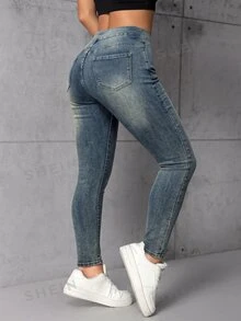 Rivivi Plus Size Women's Washed Vintage Slim Fit Jeans - Medium Wash - View 2