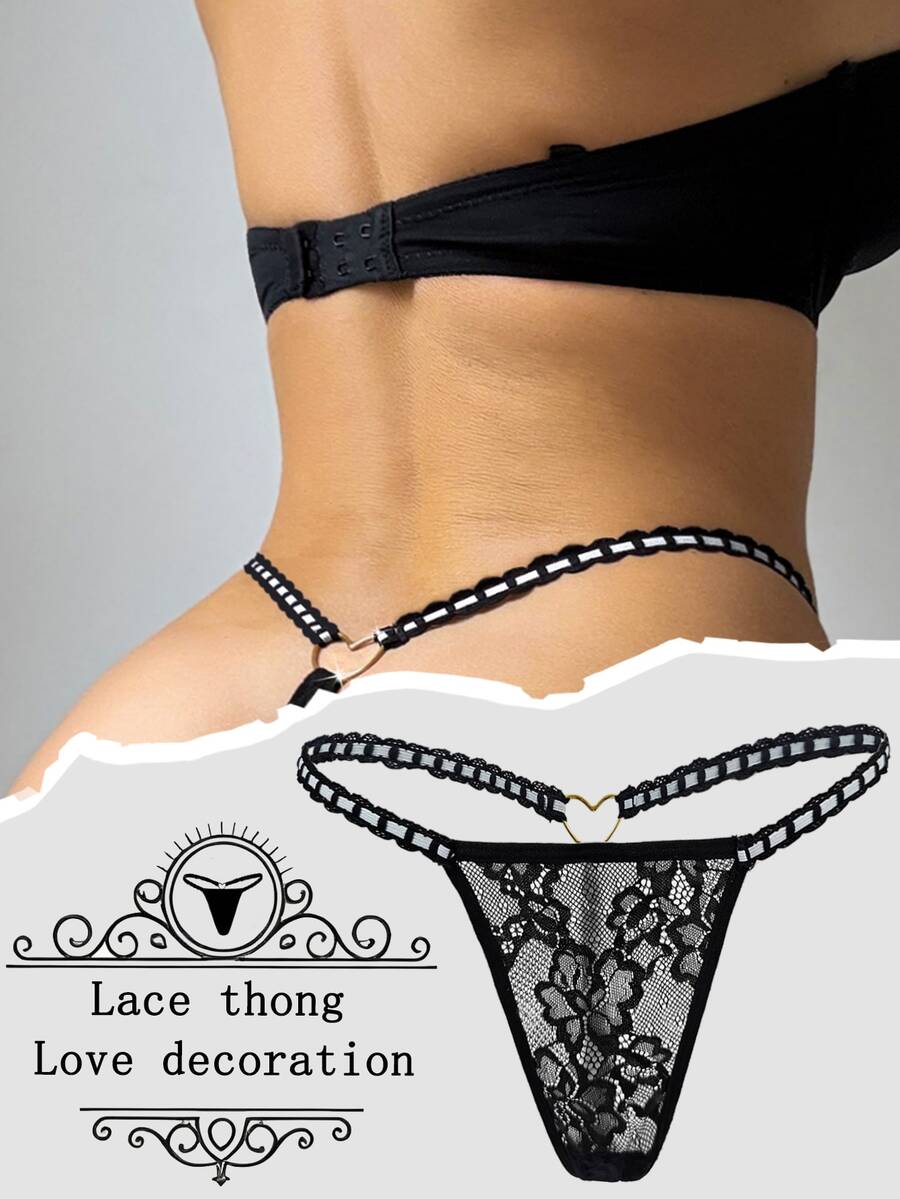 SHEIN 1pc Women Sexy Sheer Lace Thong Lingerie, Rave - Black - View 1